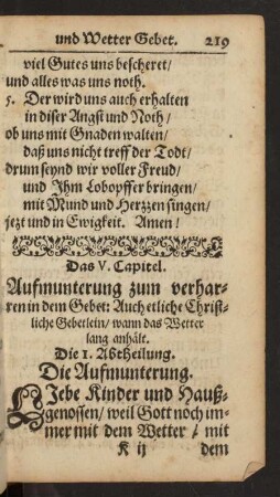 Das V. Capitel. Aufmunterung zum verharren in dem Gebet: [...]