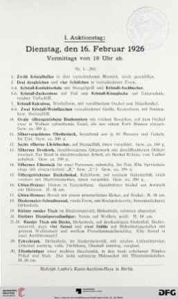I. Auktionstag: Dienstag, den 16. Februar 1926 (Nr. 1-479)