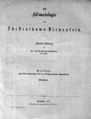 Zur Klimatologie des Fürstenthums Birkenfeld : zweiter Beitrag