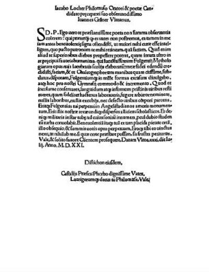 Iacobo Locher Philomuso Oratori & poetæ Candidato preceptori suo obseruandissimo loannes Grüner Vlmanus.