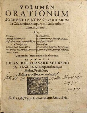 Volumen Orationum Solemnium et Panegyricarum in Celeberrima Marpurgensi Universitate olim habitarum