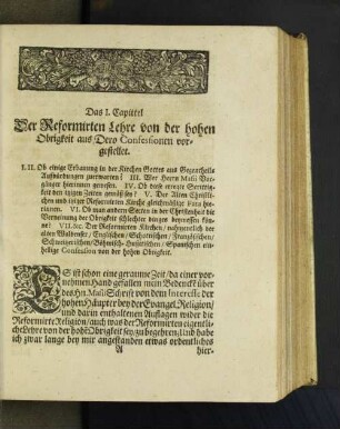 Das I. Capittel Der Reformirten Lehre von der hohen ...