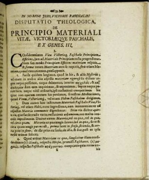 Disputatio Theologica, De Principio Materiali Vitæ, Victoriæque Paschalis, Ex Genes. III.