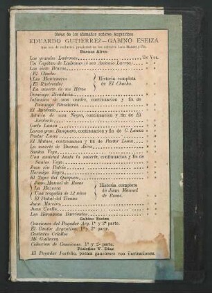 Obras de los afamados autores argentinos Eduardo Gutierrez - Gabino Eseiza