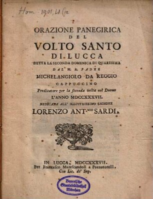 Orazione Panegirica Del Volto Santo Di Lucca