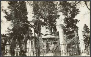 Ansicht mehrerer historischer osmanischer Grabsteine bzw. Denkmäler aus hellem Stein hinter einem Metallzaun, vermutlich aufgenommen auf dem muslimischen Friedhof in der Nähe des deutschen Generalkonsulates von Istanbul