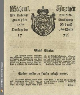 10tes Stueck, Dienstags den 9ten Martii 1772