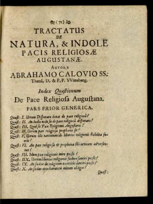 Index Quaestionum De Pace Religiosa Augustana.