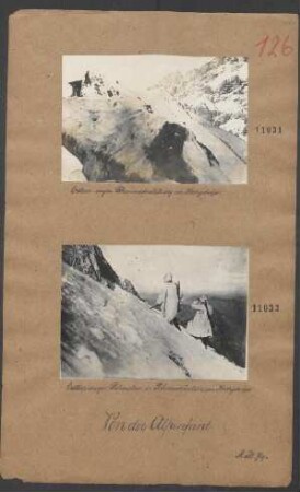 Österr.-ungar. Patrouillen in Schneemänteln im Hochgebirge