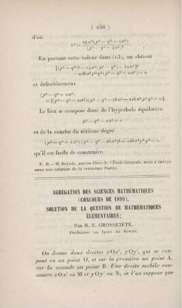 Agrégation des sciences mathématiques (concours de 1890). Solution de la question de mathématiques élémentaires.