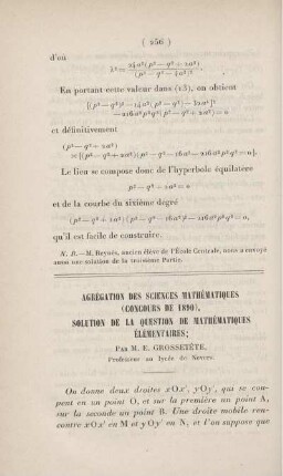 Agrégation des sciences mathématiques (concours de 1890). Solution de la question de mathématiques élémentaires.