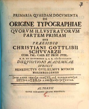 Primaria Qvaedam Docvmenta De Origine Typographiae, 1