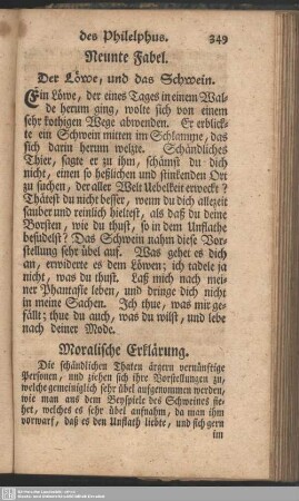 Neunte Fabel. Der Löwe, und das Schwein