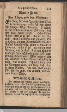 Neunte Fabel. Der Löwe, und das Schwein