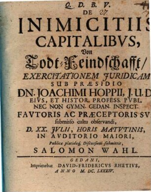 De inimicitiis capitalibus, von Todt-Feindschafft