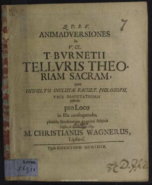 Animadversiones in V. Cl. T. Burnetii Telluris Theoriam Sacram