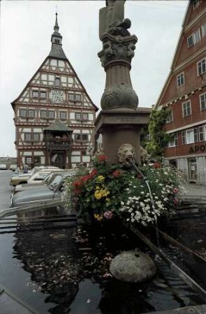Besigheim: Rathaus mit Brunnen im Vordergrund