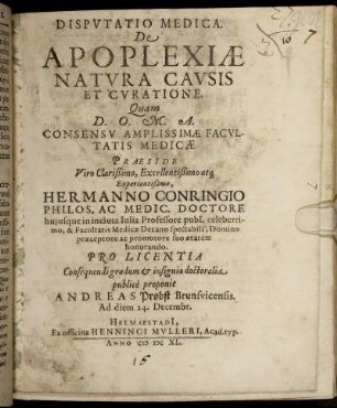 Disputatio Medica. De Apoplexiae Natura Causis Et Curatione
