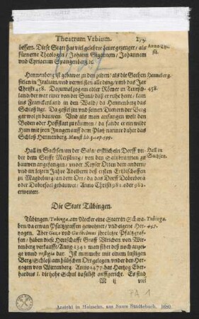 Die Statt Tübingen. Ansicht von Süden : Holzschnitt aus Sauers Städtebuch