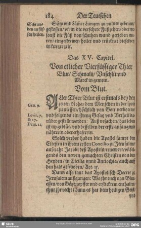 Das XV. Capitel. Von etlicher Vierfüssiger Thier Blut, Schmaltz, Unschlit und Marck in gemein