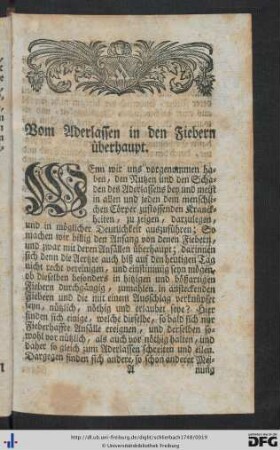 Vom Aderlassen in den Fiebern überhaupt - Vom Aderlassen im rothen und weisen Friessel.