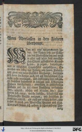 Vom Aderlassen in den Fiebern überhaupt - Vom Aderlassen im rothen und weisen Friessel.