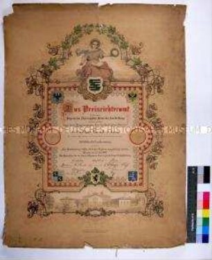 Anerkennungsdiplom der zweiten Allgemeinen Thüringischen Gewerbeausstellung in Weimar für die von Theodor Rose in Sondershausen angefertigten Schuhmacherleisten