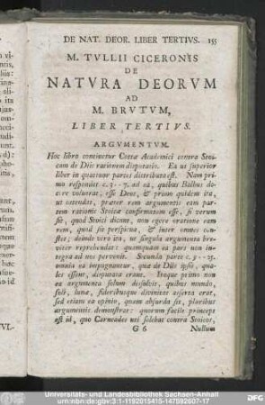 M. Tullii Ciceronis De Natura Deorum Ad M. Brutum, Liber Tertius.