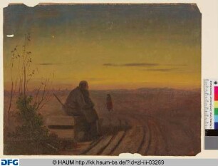 Karge Landschaft mit einem sitzenden Mann und einer Figur mit Stock