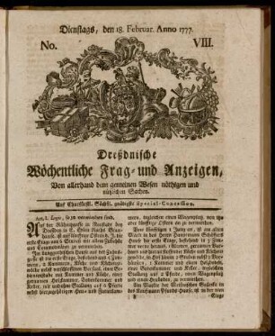 Dienstags, den 18. Februar. Anno 1777. No. VIII. - Dienstags, den 25. Martii Anno 1777. No. XIII.