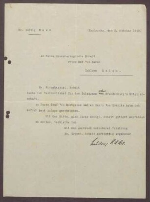 Schreiben von Ludwig Haas an Prinz Max von Baden; Nachricht über die Mitgliedschaft von [Richard?] Freudenberg in der Heidelberger Vereinigung