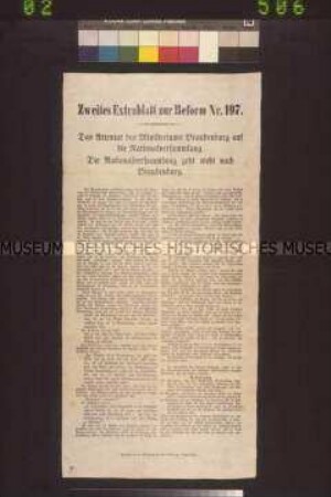 Maueranschlag: Das Attentat des Ministeriums Brandenburg auf die Nationalversammlung. Extra-Blatt zur Reform Nr. 197; undatiert