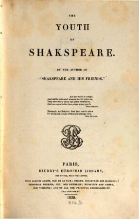 Belletristical Works, 2. The youth of Shakspeare. - 1839