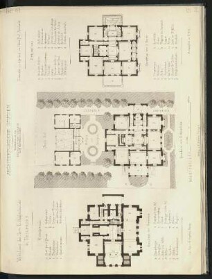 Wohnhaus des Herrn L. Hagenbucher in Heilbronn. Grundrisse: Erdgeschoss, 1. Stock, Souterrain, Hintergebäude