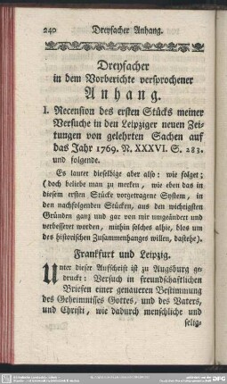 Dreyfacher in dem Vorberichte versprochener Anhang