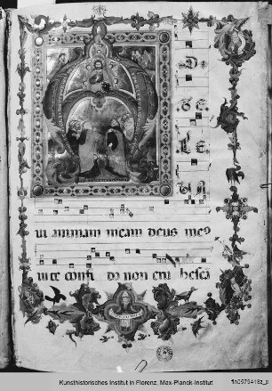 Graduale : Textseite mit vierzeiligen Neumen, Bordürenrahmen und historisierter Initiale A: Pantokrator in Mandorla aus Cherubim mit Heiligen und Medaillon mit dem Propheten Zacharias