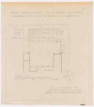 Garten Grethe Weiser, Herthastraße 17 a, Berlin-Grunewald: Werkzeichnung für den Bau der Mauern und des Laubenganges: Grundriss 1:100