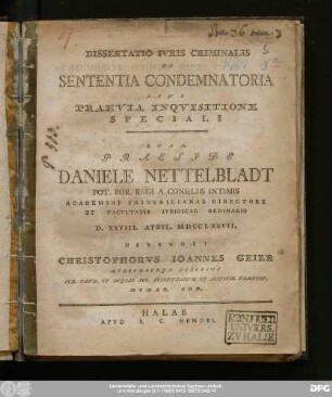 Dissertatio Ivris Criminalis De Sententia Condemnatoria Sine Praevia Inqvisitione Speciali