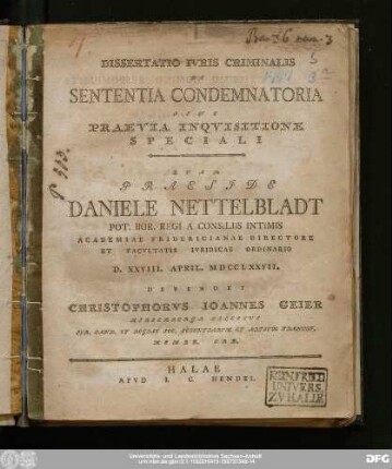 Dissertatio Ivris Criminalis De Sententia Condemnatoria Sine Praevia Inqvisitione Speciali