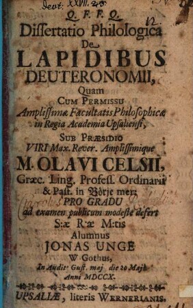 Diss. philo. de lapidibus Deuteronomii