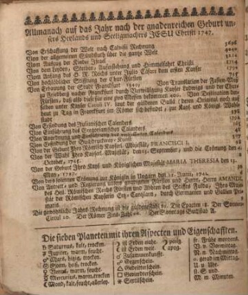 Allmanach auf das Jahr nach der gnadenreichen Geburt unsers Heylands und Seeligmachers Jesu Christi 1747.