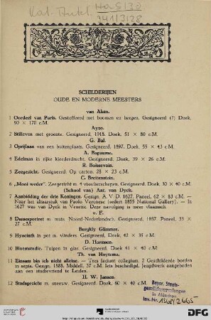 Schilderijen oude en moderne Meesters (Nr. 1-32)