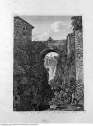 Raccolta delle vedute pittoresche di Roma e de suoi contorni ... volume 1. Parte 1., Tafel 4 (N. 3): Veduta del Ponte della Cascata, e della stessa Cascata a Tivoli