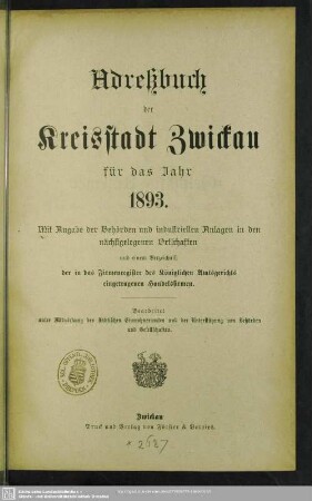 1893: Adreßbuch der Kreisstadt Zwickau