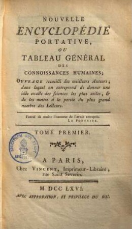 Nouvelle encyclopédie portative ou tableau général des connoissances humaines