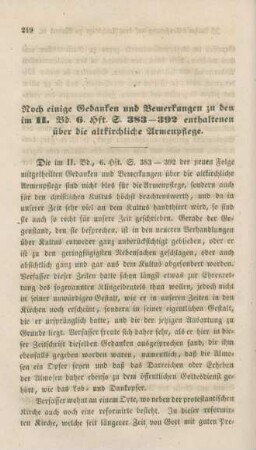 219-231 Noch einige Gedanken und Bemerkungen zu den im II. Bd. 6. Hft. S. 383-392 enthaltenen über die altkirchliche Armenpflege