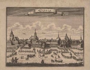 Stadtansicht von Leipzig mit Stadtbefestigung vom Rossmarkt im Südosten von der Pleißenburg links bis zum Grimmaischen Tor rechts