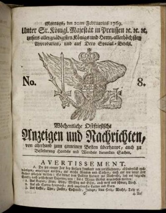 No. 8. Montags, den 20ten Februarius 1769.