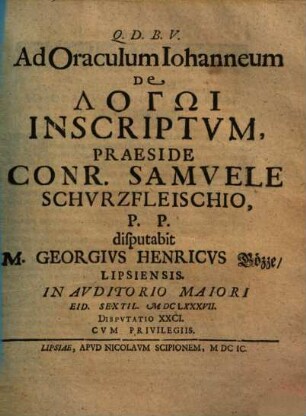 Ad Oraculum Iohanneum De Logōi Inscriptvm