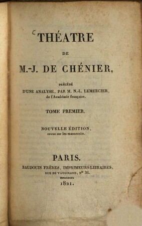 Théâtre de M.-J. de Chénier, 1